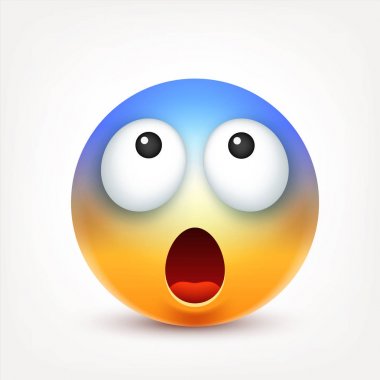 Gülen, ifade. Sarı yüz duygularla. Yüz ifadesi. 3D gerçekçi emoji. Üzgün, mutlu, kızgın yüzler. Komik çizgi film karakteri. Ruh hali. Web simgesi. Vektör çizim.
