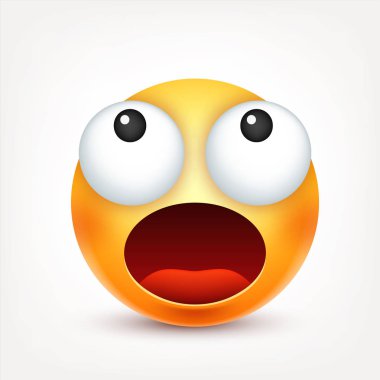 Gülen, ifade. Sarı yüz duygularla. Yüz ifadesi. 3D gerçekçi emoji. Üzgün, mutlu, kızgın yüzler. Komik çizgi film karakteri. Ruh hali. Web simgesi. Vektör çizim.