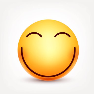 Gülen, ifade. Sarı yüz duygularla. Yüz ifadesi. 3D gerçekçi emoji. Üzgün, mutlu, kızgın yüzler. Komik çizgi film karakteri. Ruh hali. Web simgesi. Vektör çizim.
