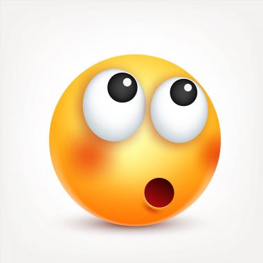 Gülen, ifade. Sarı yüz duygularla. Yüz ifadesi. 3D gerçekçi emoji. Üzgün, mutlu, kızgın yüzler. Komik çizgi film karakteri. Ruh hali. Web simgesi. Vektör çizim.