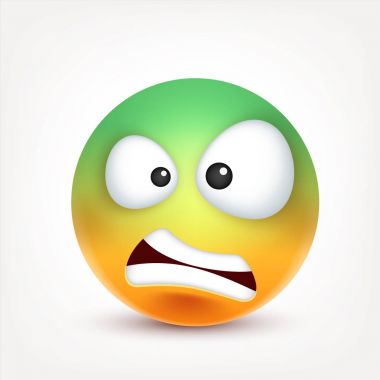 Gülen, ifade. Sarı yüz duygularla. Yüz ifadesi. 3D gerçekçi emoji. Üzgün, mutlu, kızgın yüzler. Komik çizgi film karakteri. Ruh hali. Web simgesi. Vektör çizim.