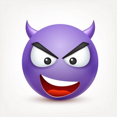 Gülen, ifade. Sarı yüz duygularla. Yüz ifadesi. 3D gerçekçi emoji. Üzgün, mutlu, kızgın yüzler. Komik çizgi film karakteri. Ruh hali. Web simgesi. Vektör çizim.