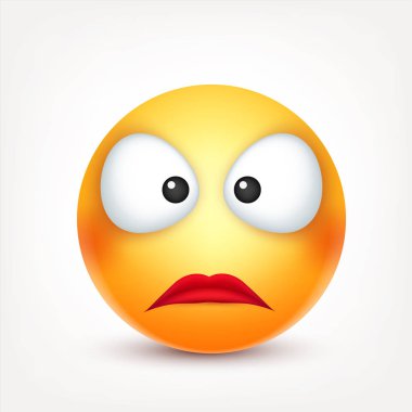 Gülen, ifade. Sarı yüz duygularla. Yüz ifadesi. 3D gerçekçi emoji. Üzgün, mutlu, kızgın yüzler. Komik çizgi film karakteri. Ruh hali. Web simgesi. Vektör çizim.