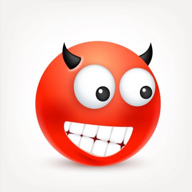 Gülen, ifade. Kırmızı yüz duygularla. Yüz ifadesi. 3D gerçekçi emoji. Üzgün, mutlu, kızgın yüzler. Komik çizgi film karakteri. Ruh hali. Web simgesi. Vektör çizim.