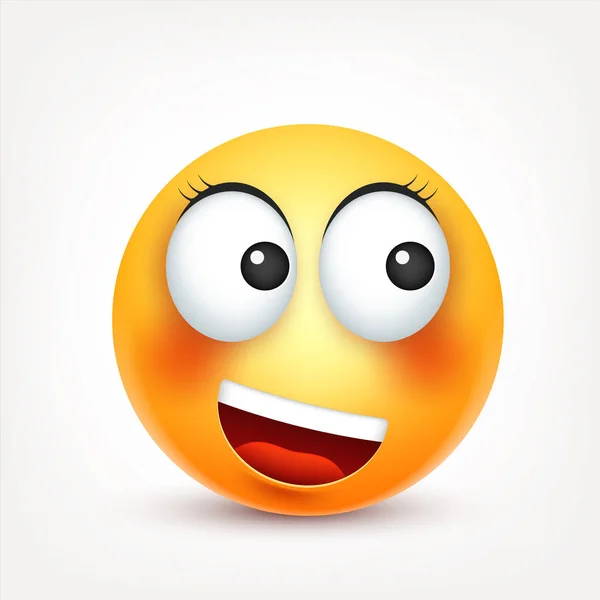 Sorridi, emoticon. Faccia gialla con emozioni. Espressione facciale. 3D emoji realistico. Volti tristi, felici, arrabbiati.Personaggio dei cartoni animati divertente.Mood. Icona web. Illustrazione vettoriale . — Vettoriale Stock