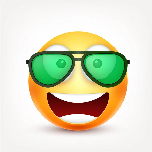 Smiley, uttryckssymbol. Gula ansikte med känslor. Ansiktsuttryck. 3D realistiska emoji. Ledsen, glad, arga ansikten. Rolig tecknad karaktär. Humör. Web-ikonen. Vektorillustration. — Stock vektor