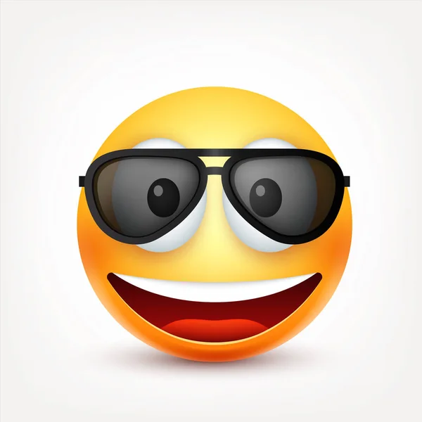 Sonriente, emoticono. Cara amarilla con emociones. Expresión facial. emoji realista 3d. Caras tristes, felices, enojadas.Personaje divertido de la historieta. Icono web. Ilustración vectorial . — Vector de stock