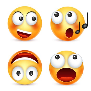 Smiley, ifade kümesi. Sarı yüz duygularla. Yüz ifadesi. 3D gerçekçi emoji. Üzgün, mutlu, kızgın yüzler. Komik çizgi film karakteri. Ruh hali. Web simgesi. Vektör çizim.