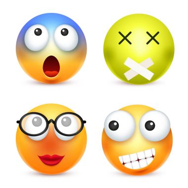 Smiley, ifade kümesi. Sarı yüz duygularla. Yüz ifadesi. 3D gerçekçi emoji. Üzgün, mutlu, kızgın yüzler. Komik çizgi film karakteri. Ruh hali. Web simgesi. Vektör çizim.