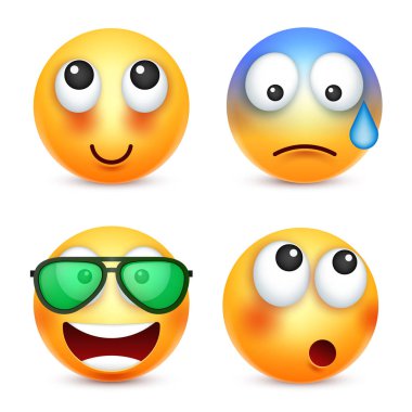 Smiley, ifade kümesi. Sarı yüz duygularla. Yüz ifadesi. 3D gerçekçi emoji. Üzgün, mutlu, kızgın yüzler. Komik çizgi film karakteri. Ruh hali. Web simgesi. Vektör çizim.
