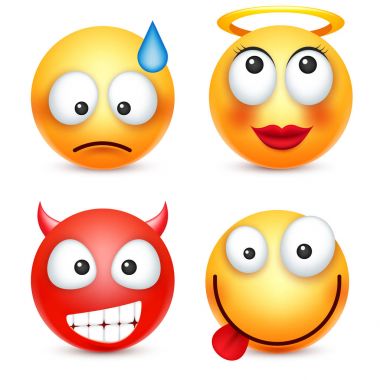 Smiley, ifade kümesi. Sarı yüz duygularla. Yüz ifadesi. 3D gerçekçi emoji. Üzgün, mutlu, kızgın yüzler. Komik çizgi film karakteri. Ruh hali. Web simgesi. Vektör çizim.