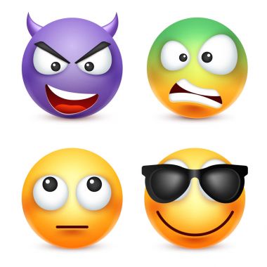 Smiley, ifade kümesi. Sarı yüz duygularla. Yüz ifadesi. 3D gerçekçi emoji. Üzgün, mutlu, kızgın yüzler. Komik çizgi film karakteri. Ruh hali. Web simgesi. Vektör çizim.