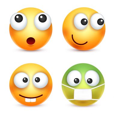 Smiley, ifade kümesi. Sarı yüz duygularla. Yüz ifadesi. 3D gerçekçi emoji. Üzgün, mutlu, kızgın yüzler. Komik çizgi film karakteri. Ruh hali. Web simgesi. Vektör çizim.