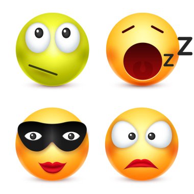 Smiley, ifade kümesi. Sarı yüz duygularla. Yüz ifadesi. 3D gerçekçi emoji. Üzgün, mutlu, kızgın yüzler. Komik çizgi film karakteri. Ruh hali. Web simgesi. Vektör çizim.