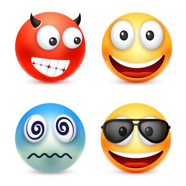 Smiley, ifade kümesi. Sarı yüz duygularla. Yüz ifadesi. 3D gerçekçi emoji. Üzgün, mutlu, kızgın yüzler. Komik çizgi film karakteri. Ruh hali. Web simgesi. Vektör çizim.