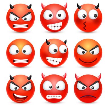 Smiley, ifade kümesi. Kırmızı yüz duygularla. Yüz ifadesi. 3D gerçekçi emoji. Üzgün, mutlu, kızgın yüzler. Komik çizgi film karakteri. Ruh hali. Web simgesi. Vektör çizim.