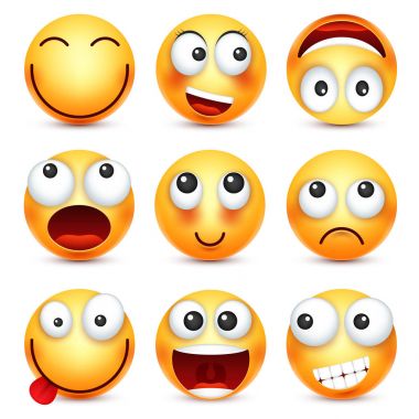 Smiley, ifade kümesi. Sarı yüz duygularla. Yüz ifadesi. 3D gerçekçi emoji. Üzgün, mutlu, kızgın yüzler. Komik çizgi film karakteri. Ruh hali. Web simgesi. Vektör çizim.
