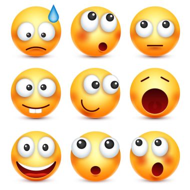 Smiley, ifade kümesi. Sarı yüz duygularla. Yüz ifadesi. 3D gerçekçi emoji. Üzgün, mutlu, kızgın yüzler. Komik çizgi film karakteri. Ruh hali. Web simgesi. Vektör çizim.