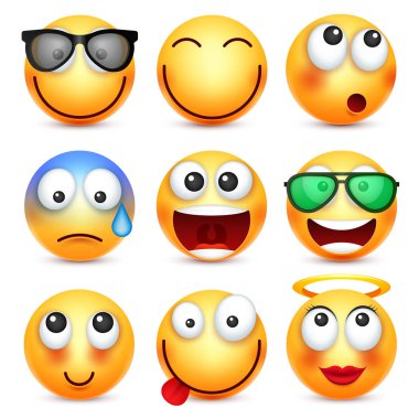 Smiley, ifade kümesi. Sarı yüz duygularla. Yüz ifadesi. 3D gerçekçi emoji. Üzgün, mutlu, kızgın yüzler. Komik çizgi film karakteri. Ruh hali. Web simgesi. Vektör çizim.