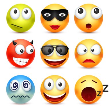 Smiley, ifade kümesi. Sarı yüz duygularla. Yüz ifadesi. 3D gerçekçi emoji. Üzgün, mutlu, kızgın yüzler. Komik çizgi film karakteri. Ruh hali. Web simgesi. Vektör çizim.