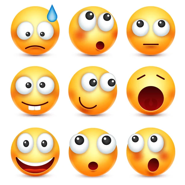 Smiley, uttryckssymbol set. Gula ansikte med känslor. Ansiktsuttryck. 3D realistiska emoji. Ledsen, glad, arga ansikten. Rolig tecknad karaktär. Humör. Web-ikonen. Vektorillustration. — Stock vektor