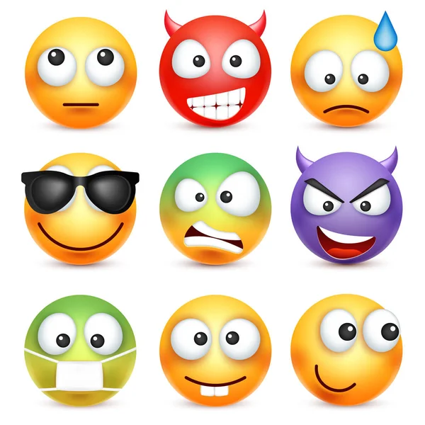 Smiley, ifade kümesi. Sarı yüz duygularla. Yüz ifadesi. 3D gerçekçi emoji. Üzgün, mutlu, kızgın yüzler. Komik çizgi film karakteri. Ruh hali. Web simgesi. Vektör çizim.