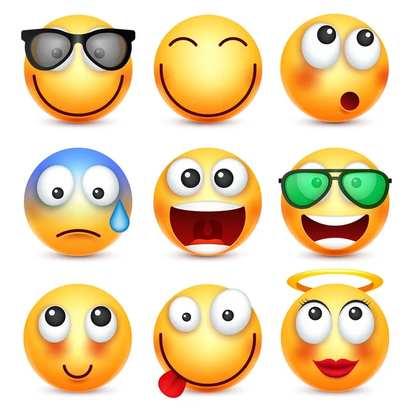 Smiley, set emoticon. Wajah kuning dengan emosi. Ekspresi wajah. Emoji realistis 3d. Sedih, bahagia, wajah marah. Kartun Lucu berkarakter. Ikon web. Ilustrasi vektor . - Stok Vektor