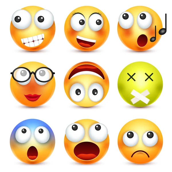 Smiley, ifade kümesi. Sarı yüz duygularla. Yüz ifadesi. 3D gerçekçi emoji. Üzgün, mutlu, kızgın yüzler. Komik çizgi film karakteri. Ruh hali. Web simgesi. Vektör çizim.