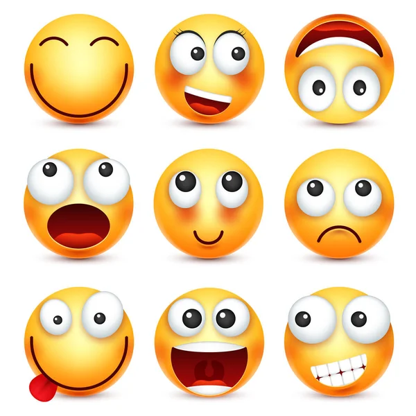 Smiley,emoticon set. Yellow face with emotions. Facial expression. 3d realistic emoji. Sad,happy,angry faces.Funny cartoon character.Mood. Web icon. Vector illustration. — Stock Vector