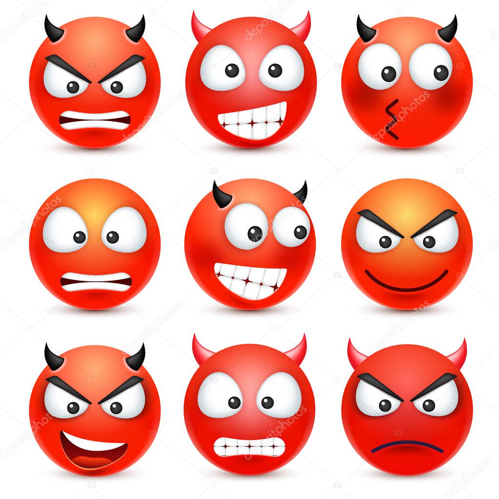 Smiley,emoticon set. Red face with emotions. Facial expression. 3d realistic emoji. Sad,happy,angry faces.Funny cartoon character.Mood. Web icon. Vector illustration.