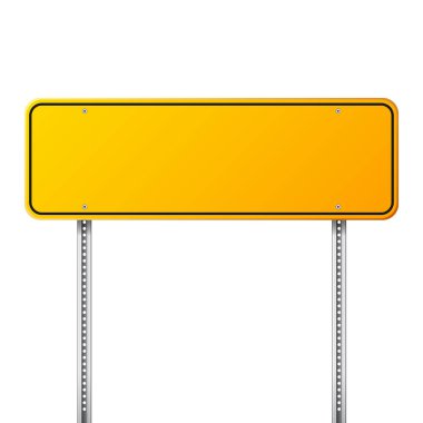 Sarı yol trafik işaret. Metin için yer ile boş tahta. Mockup. İzole bilgi işareti. Yön. Vektör çizim.