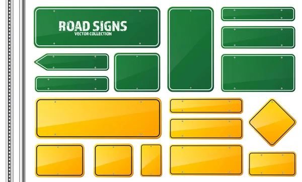 Road green and yellow traffic sign. Blank board with place for text.Mockup. Isolated information sign. Direction. Vector illustration. — Stock Vector