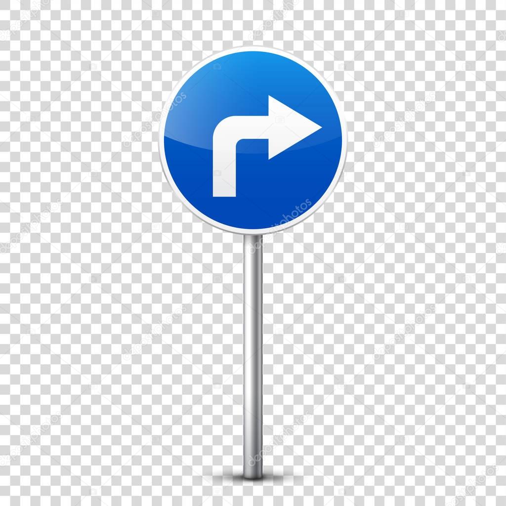Road blue signs collection isolated on transparent background. Road traffic control.Lane usage.Stop and yield. Regulatory signs. Curves and turns.