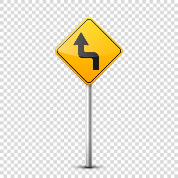 Сбор дорожных желтых знаков изолирован на прозрачном фоне. Дорожное движение регулируется полосой движения, остановка и уступка. Регуляторные знаки. Кривые и повороты . — стоковый вектор
