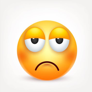 Gülen, ifade. Sarı yüz duygularla. Yüz ifadesi. 3D gerçekçi emoji. Üzgün, mutlu, kızgın yüzler. Komik çizgi film karakteri. Ruh hali. Web simgesi. Vektör çizim.