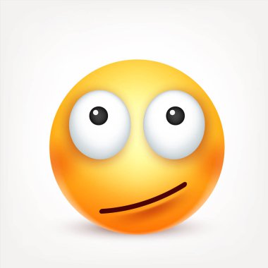 Gülen, ifade. Sarı yüz duygularla. Yüz ifadesi. 3D gerçekçi emoji. Üzgün, mutlu, kızgın yüzler. Komik çizgi film karakteri. Ruh hali. Web simgesi. Vektör çizim.
