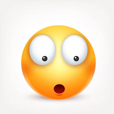 Gülen, ifade. Sarı yüz duygularla. Yüz ifadesi. 3D gerçekçi emoji. Üzgün, mutlu, kızgın yüzler. Komik çizgi film karakteri. Ruh hali. Web simgesi. Vektör çizim.