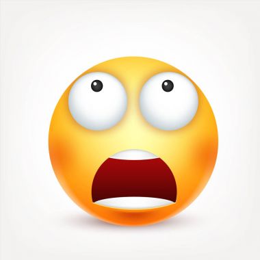 Gülen, ifade. Sarı yüz duygularla. Yüz ifadesi. 3D gerçekçi emoji. Üzgün, mutlu, kızgın yüzler. Komik çizgi film karakteri. Ruh hali. Web simgesi. Vektör çizim.