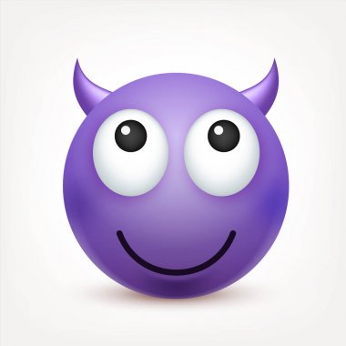 Gülen, ifade. Menekşe yüz duygularla. Yüz ifadesi. 3D gerçekçi emoji. Üzgün, mutlu, kızgın yüzler. Komik çizgi film karakteri. Ruh hali. Web simgesi. Vektör çizim.