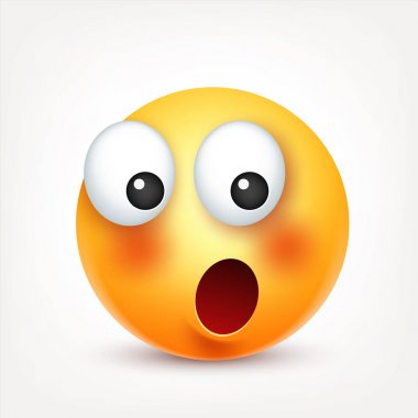 Gülen, ifade. Sarı yüz duygularla. Yüz ifadesi. 3D gerçekçi emoji. Üzgün, mutlu, kızgın yüzler. Komik çizgi film karakteri. Ruh hali. Web simgesi. Vektör çizim.