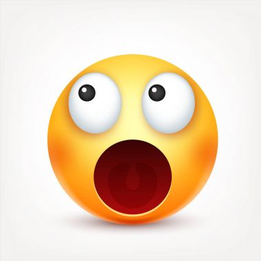 Gülen, ifade. Sarı yüz duygularla. Yüz ifadesi. 3D gerçekçi emoji. Üzgün, mutlu, kızgın yüzler. Komik çizgi film karakteri. Ruh hali. Web simgesi. Vektör çizim.