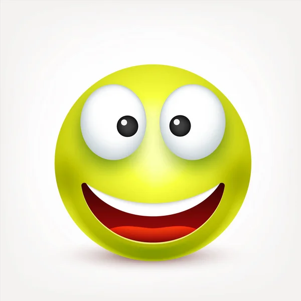 Sorridi, emoticon. Faccia gialla con emozioni. Espressione facciale. 3D emoji realistico. Volti tristi, felici, arrabbiati.Personaggio dei cartoni animati divertente.Mood. Icona web. Illustrazione vettoriale . — Vettoriale Stock