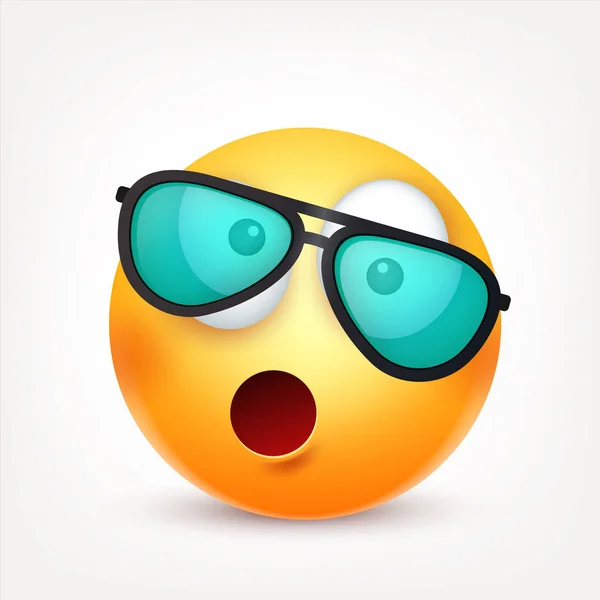 Sorridi, emoticon. Faccia gialla con emozioni. Espressione facciale. 3D emoji realistico. Volti tristi, felici, arrabbiati.Personaggio dei cartoni animati divertente.Mood. Icona web. Illustrazione vettoriale . — Vettoriale Stock