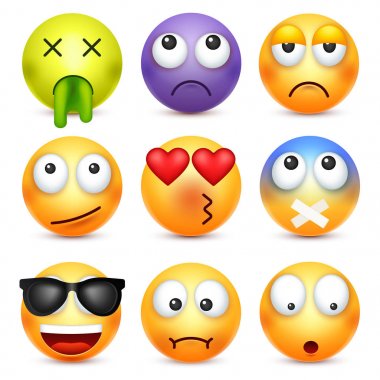 Smiley, ifade kümesi. Sarı yüz duygularla. Yüz ifadesi. 3D gerçekçi emoji. Üzgün, mutlu, kızgın yüzler. Komik çizgi film karakteri. Ruh hali. Web simgesi. Vektör çizim.