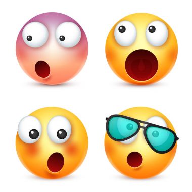 Smiley, ifade kümesi. Sarı yüz duygularla. Yüz ifadesi. 3D gerçekçi emoji. Üzgün, mutlu, kızgın yüzler. Komik çizgi film karakteri. Ruh hali. Web simgesi. Vektör çizim.
