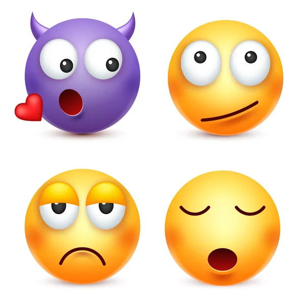 Smiley, set emoticon. Wajah kuning dengan emosi. Ekspresi wajah. Emoji realistis 3d. Sedih, bahagia, wajah marah. Kartun Lucu berkarakter. Ikon web. Ilustrasi vektor . - Stok Vektor