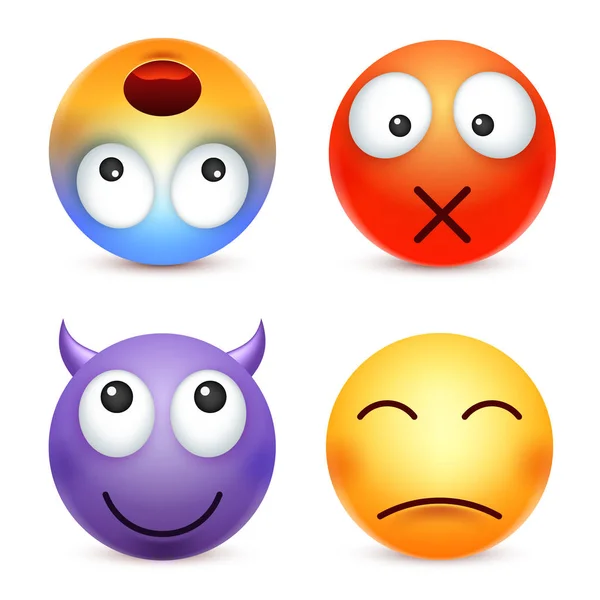 Smiley, emoticon set. Geel gezicht met emoties. Gelaatsuitdrukking. 3D-realistische emoji. Boos, verdrietig, gelukkig gezichten. Grappige cartoon karakter. Stemming. Web icoon. Vectorillustratie. — Stockvector