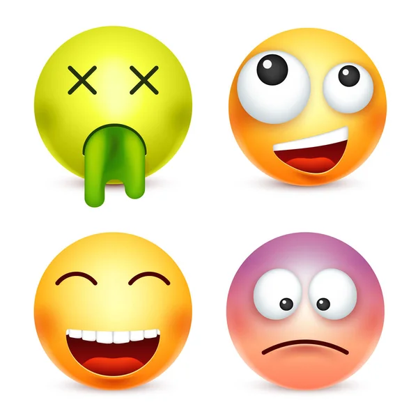 Veselý smajlík sada. Žlutá tvář s emocemi. Výraz obličeje. 3D realistické emoji. Smutný, šťastný, zlobí tváře. Vtipné kreslené postavičky. Nálady. Ikona webové. Vektorové ilustrace. — Stockový vektor