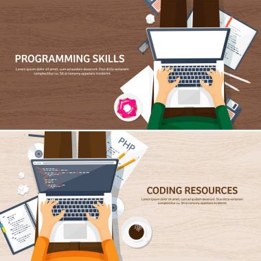 Programlama, kodlama. Düz bilgi işlem arka plan. Kod, donanım, yazılım. Web geliştirme. Arama Motoru Optimizasyonu. Yenilik, teknoloji. Mobil uygulama vektör çizim. SEO.