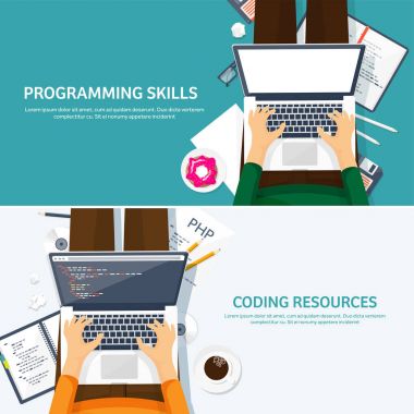 Programlama, kodlama. Düz bilgi işlem arka plan. Kod, donanım, yazılım. Web geliştirme. Arama Motoru Optimizasyonu. Yenilik, teknoloji. Mobil uygulama vektör çizim. SEO.